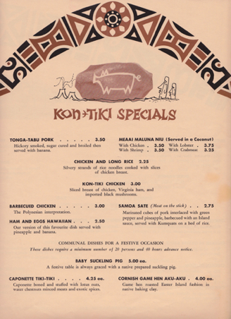 Kon-Tiki - 60s dinner menu specials
